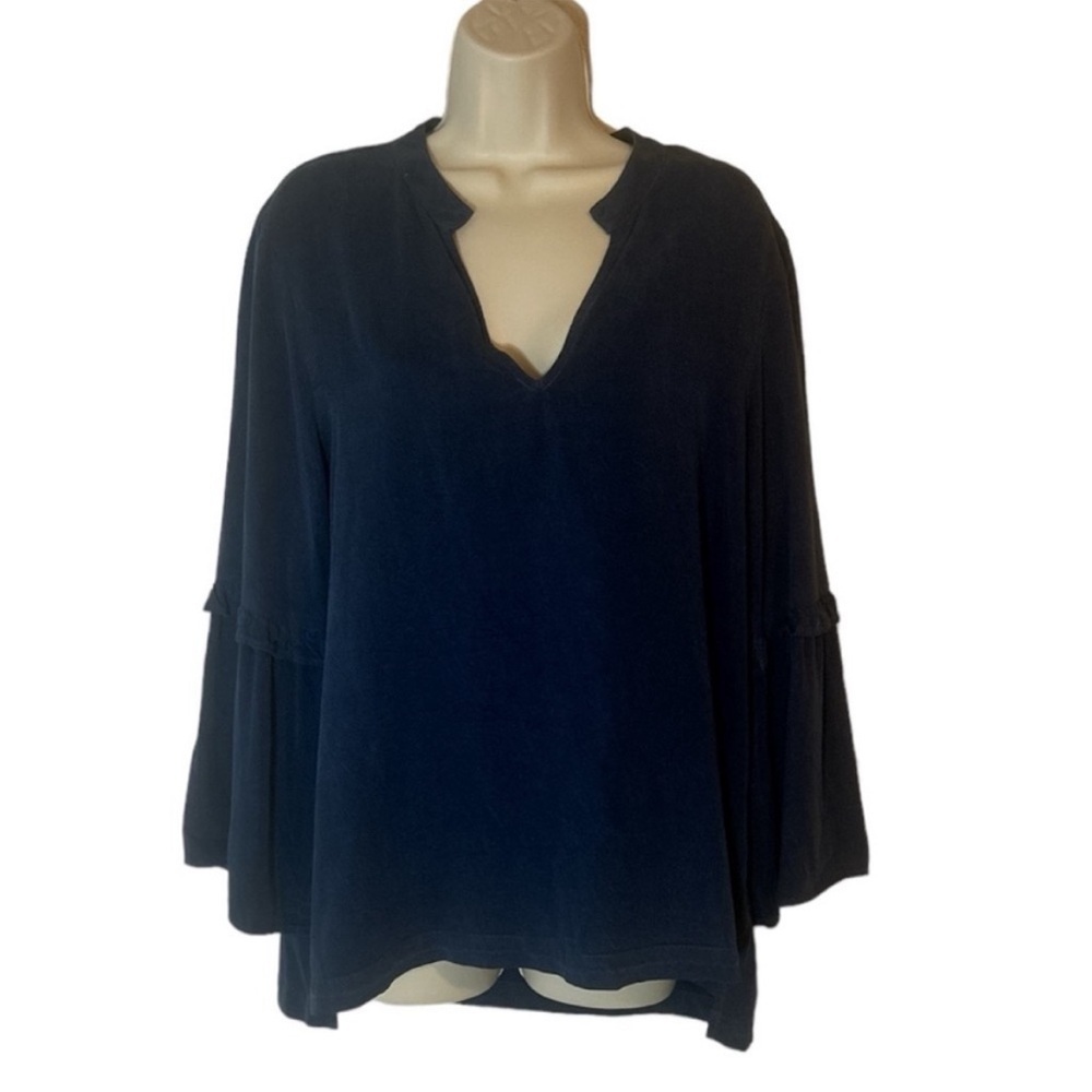 Maven West Blue Bell Sleeve Blouse with Notched Collar and 3/4 Sleeves